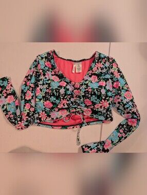 Celebrity Pink Floral Drawstring Long Sleeve Crop Top Sz 3-5